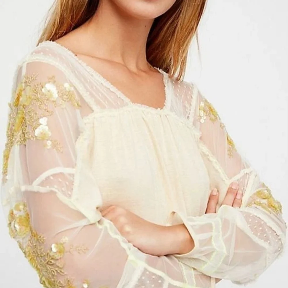 Free People Cream Blouse with Gold Embroidery